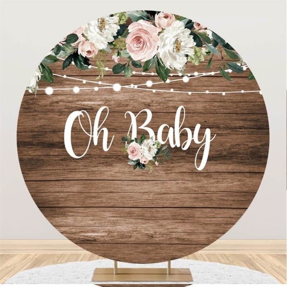 Glitter And Floral Oh Baby Round Baby Shower Backdrop - Picture 1 of 4